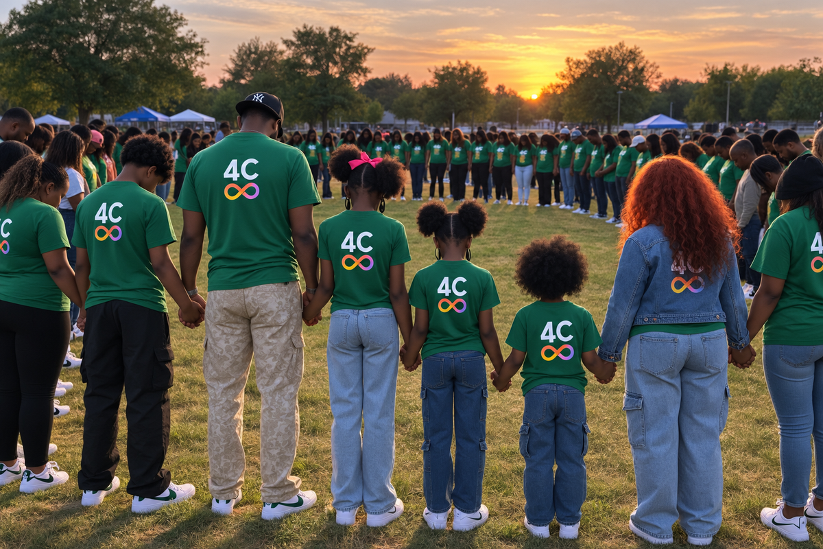 Families in green 4C shirts holding hands in a large circle at sunset