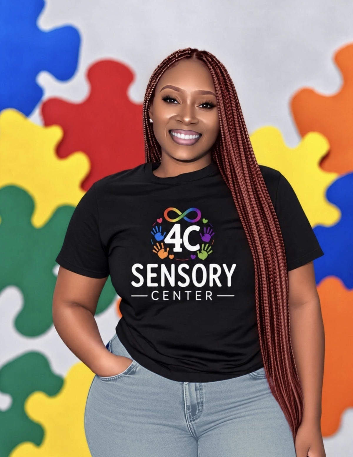 Woman wearing the black 4C Sensory Center tee with light-wash jeans, in front of a colorful puzzle-piece backdrop