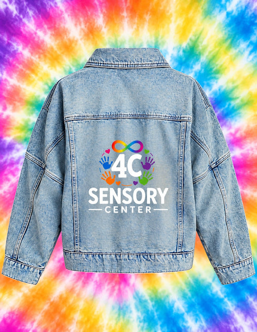 4C Sensory Center denim jacket, back with large full-color logo