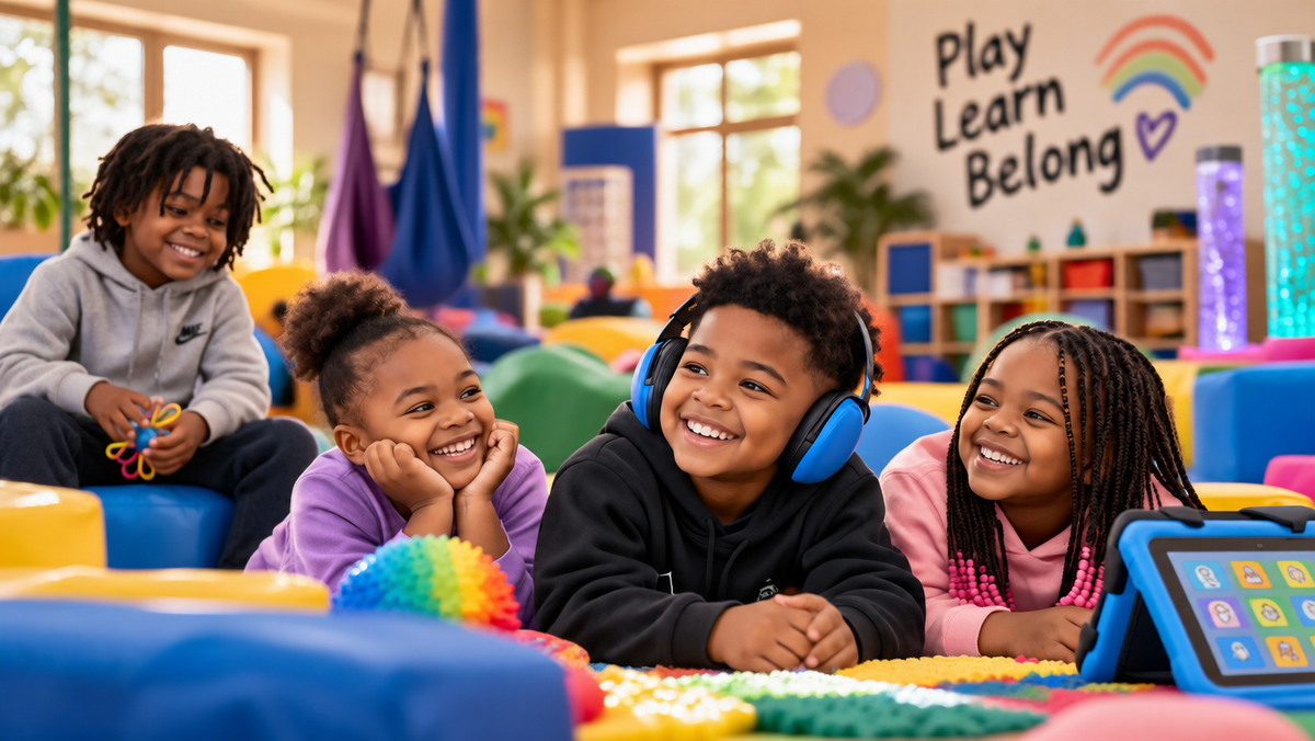 Smiling children wearing sensory headphones relax on soft mats in a colorful sensory play room