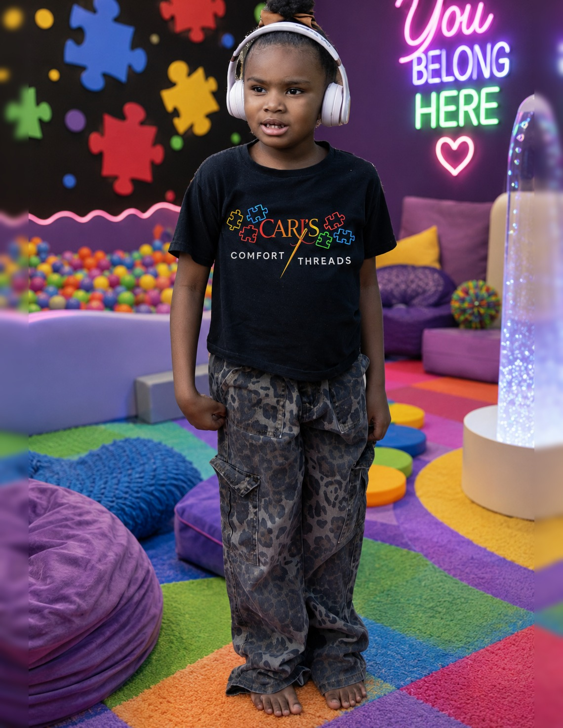 Child in a black Cari's Comfort Threads tee standing in a sensory room under a You Belong Here neon sign