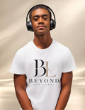 Teen wearing the white Beyond the Label tee with headphones